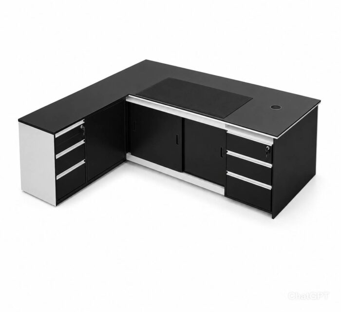 Apex Modern L-Shaped Executive Office Desk with Sliding Doors & Drawers | Luxury CEO Manager Table | Black & White Contemporary Reception Workstation