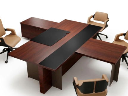 Apex Sovereign Executive Desk Set with Integrated Conversation Table - Modern Wood & Leather Design