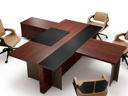 Apex Sovereign Executive Desk Set with Integrated Conversation Table - Modern Wood & Leather Design