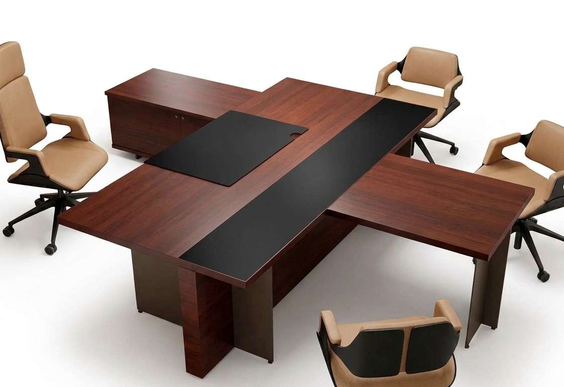 Apex Sovereign Executive Desk Set with Integrated Conversation Table - Modern Wood & Leather Design Apex Sovereign Executive Desk Set with Integrated Conversation Table - Modern Wood & Leather Design