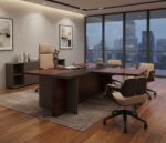 Apex Sovereign Executive Desk Set with Integrated Conversation Table – Modern Wood & Leather Design