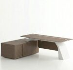 Aura Executive L-Shaped Desk with Sliding Storage in premium wood grain finish, perfect for modern professional offices.