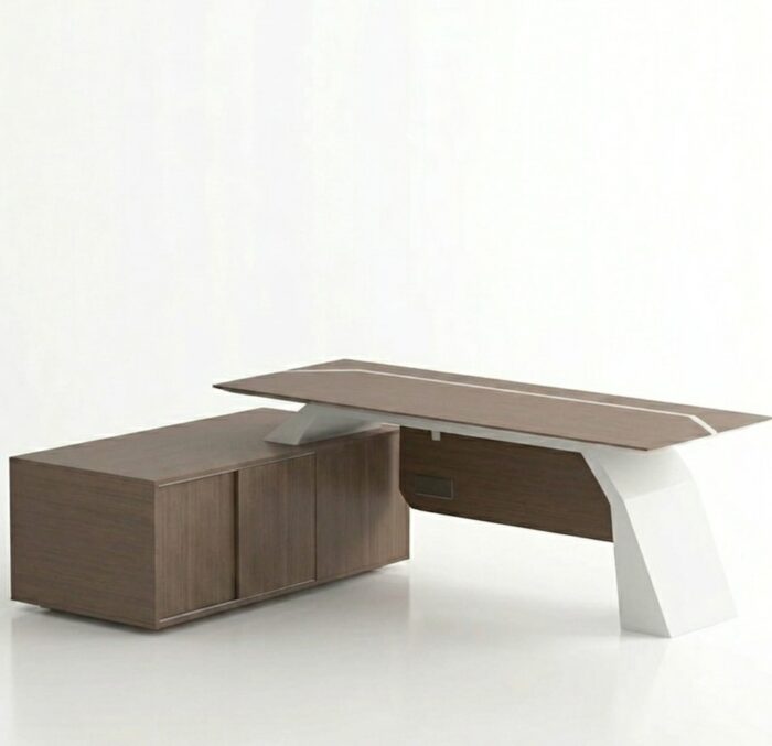 Aura Executive L-Shaped Desk with Sliding Storage in premium wood grain finish, perfect for modern professional offices.