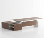 Aura Executive L-Shaped Desk with Sliding Storage in premium wood grain finish, perfect for modern professional offices.