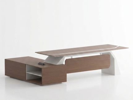 Aura Executive L-Shaped Desk with Sliding Storage in premium wood grain finish, perfect for modern professional offices.