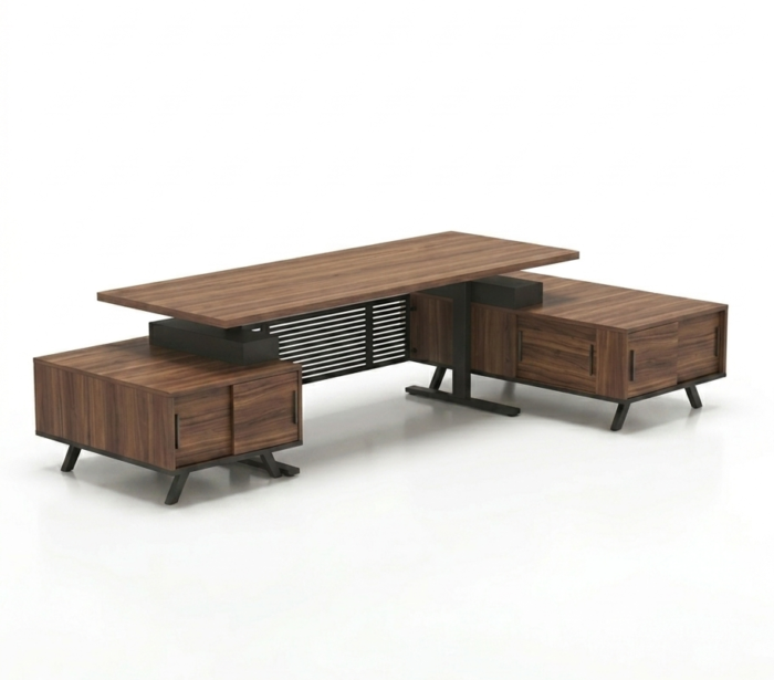 Modern Executive L-Shaped Desk with Sliding Door Storage – Premium Walnut Finish