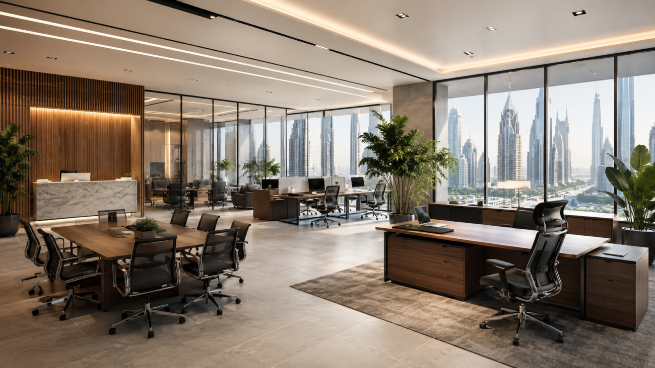 Modern office furniture in Dubai featuring ergonomic chairs, executive desks, modular workstations, and contemporary office interiors.