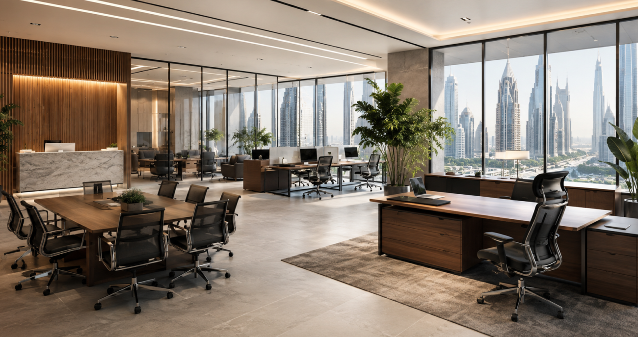 Modern office furniture in Dubai featuring ergonomic chairs, executive desks, modular workstations, and contemporary office interiors.