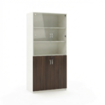Miso Wooden Office Storage Cabinet with Glass Doors and Walnut Finish