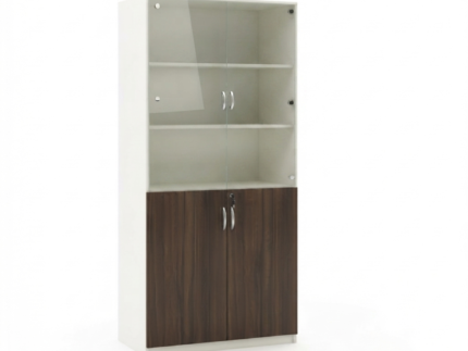 Miso Wooden Office Storage Cabinet with Glass Doors and Walnut Finish