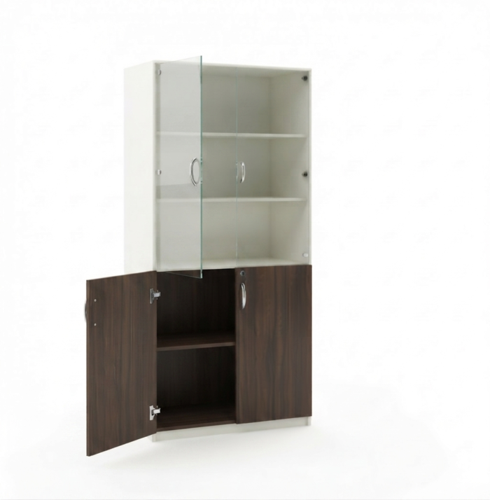 Miso Wooden Office Storage Cabinet with Glass Doors and Walnut Finish