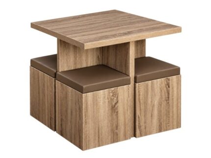AFFIN Modern Square Coffee Table Set with 4 Storage Stools, Nesting Cube Ottoman Set with Removable Padded Cushions and Hidden Hollow Compartments, Wood Grain Finish