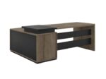 BELINO Modern Executive Office Desk with Return Credenza, L-Shaped Computer Desk with Integrated Storage Drawers and Open Shelves, Wood Grain & Black Accent