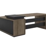 BELINO Modern Executive Office Desk with Return Credenza, L-Shaped Computer Desk with Integrated Storage Drawers and Open Shelves, Wood Grain & Black Accent