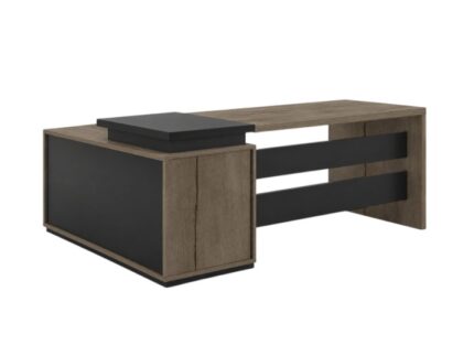 BELINO Modern Executive Office Desk with Return Credenza, L-Shaped Computer Desk with Integrated Storage Drawers and Open Shelves, Wood Grain & Black Accent